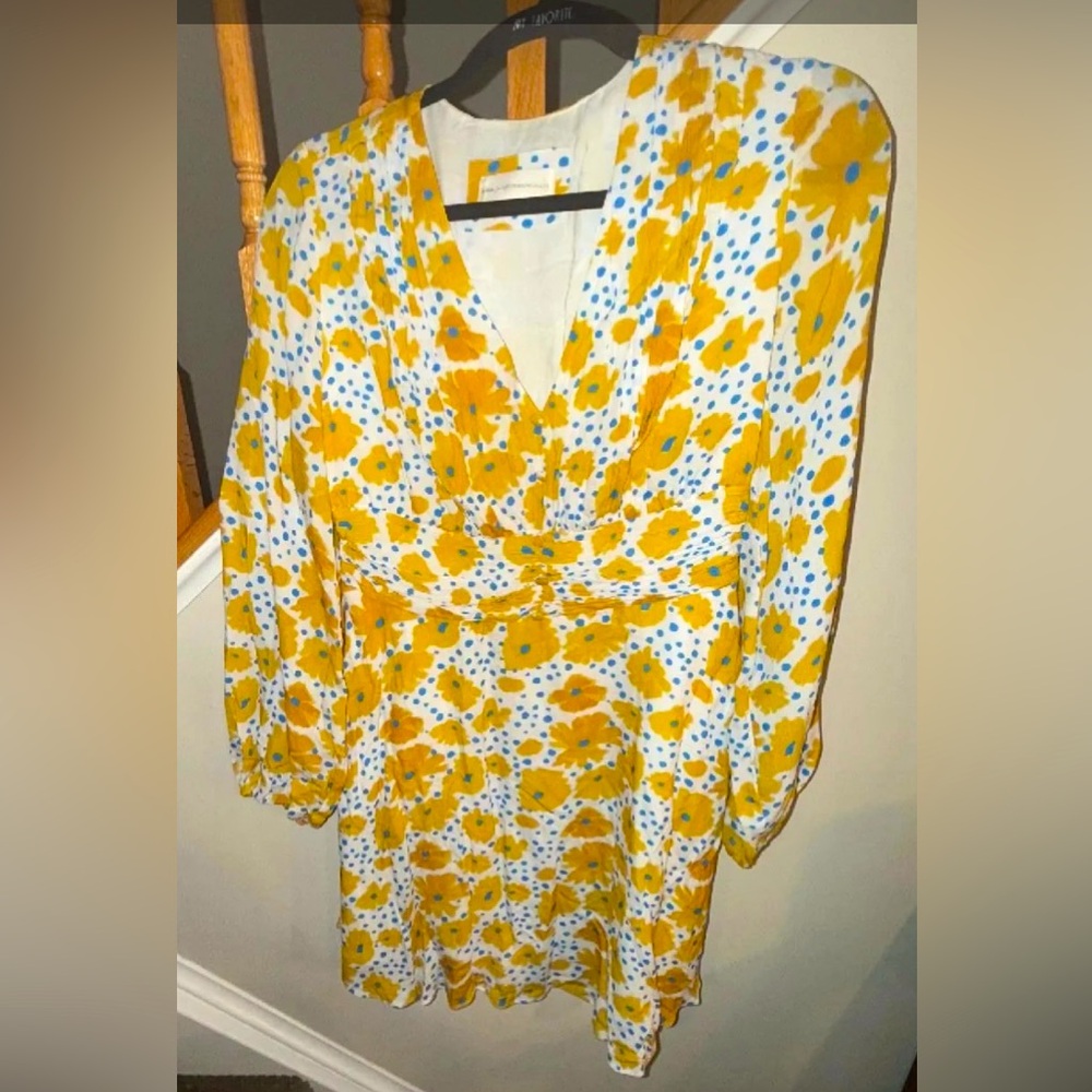 Anthropologie Vera Buttercup Yellow and Blue Floral Mini Dress Size Small